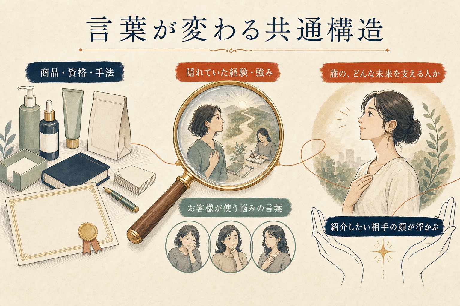 商品や資格の説明から、経験・強みとお客様の悩みの言葉を見つけ、紹介したい相手が浮かぶ言葉へ変わる共通構造