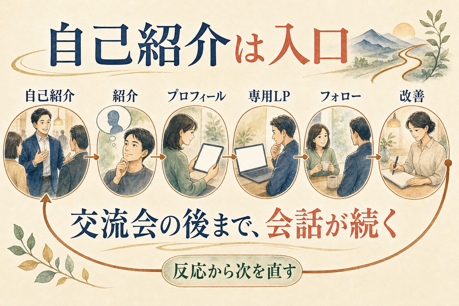 自己紹介から紹介、プロフィール、専用LP、フォロー、改善までがつながり、交流会の反応から次を直す流れ