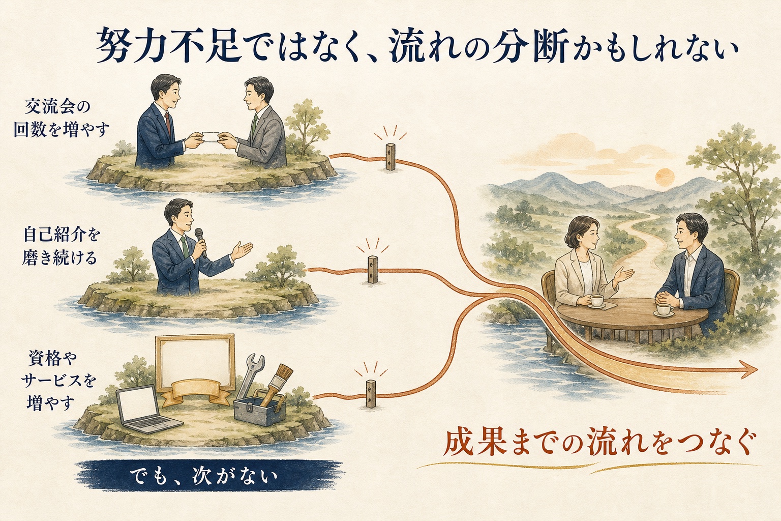 交流会・自己紹介・サービス。別々に頑張っていたことを、次の相談までつなぎ直します。
