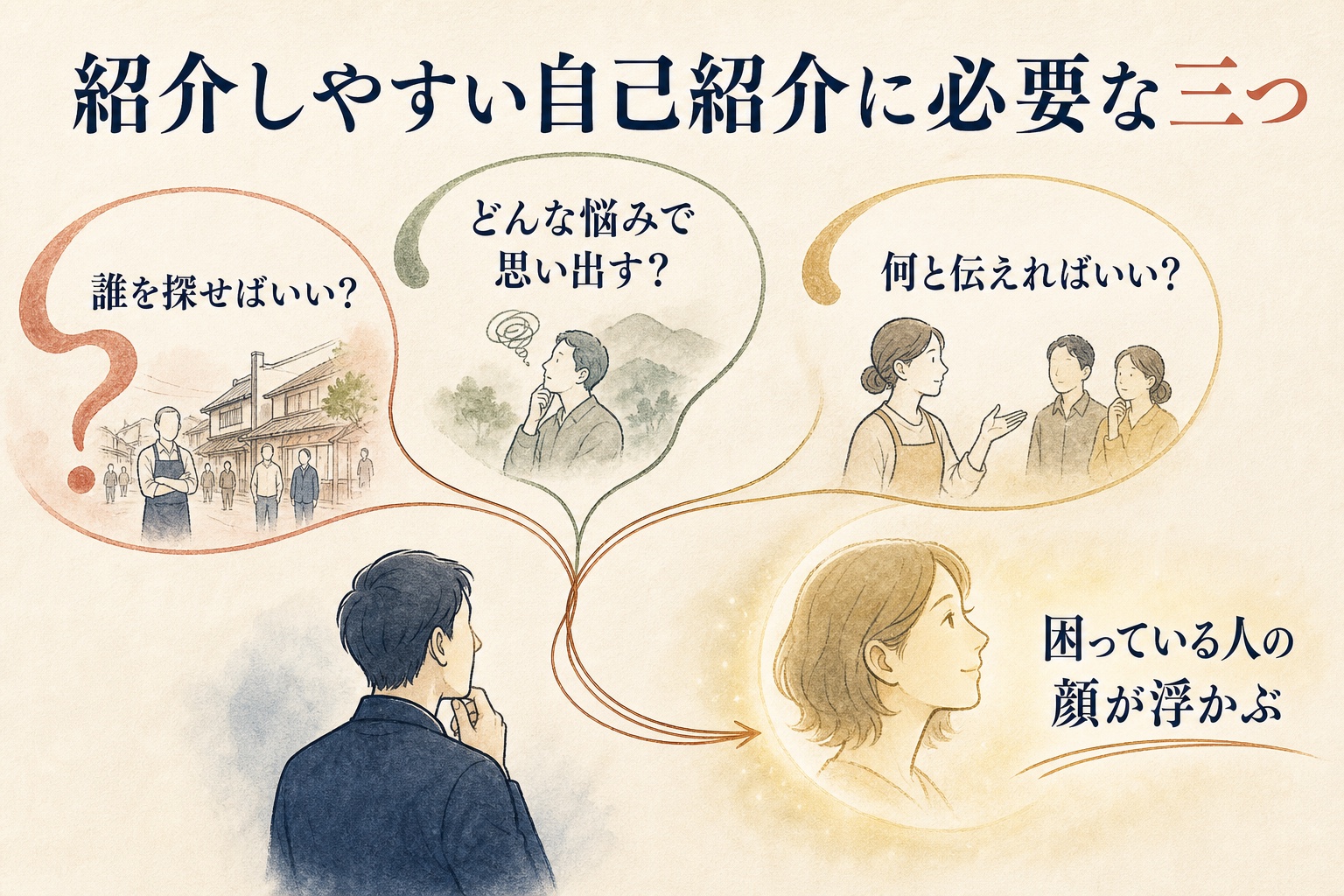 誰を探すか、どんな悩みで思い出すか、何と伝えるかの三つで、困っている人の顔が浮かぶ図