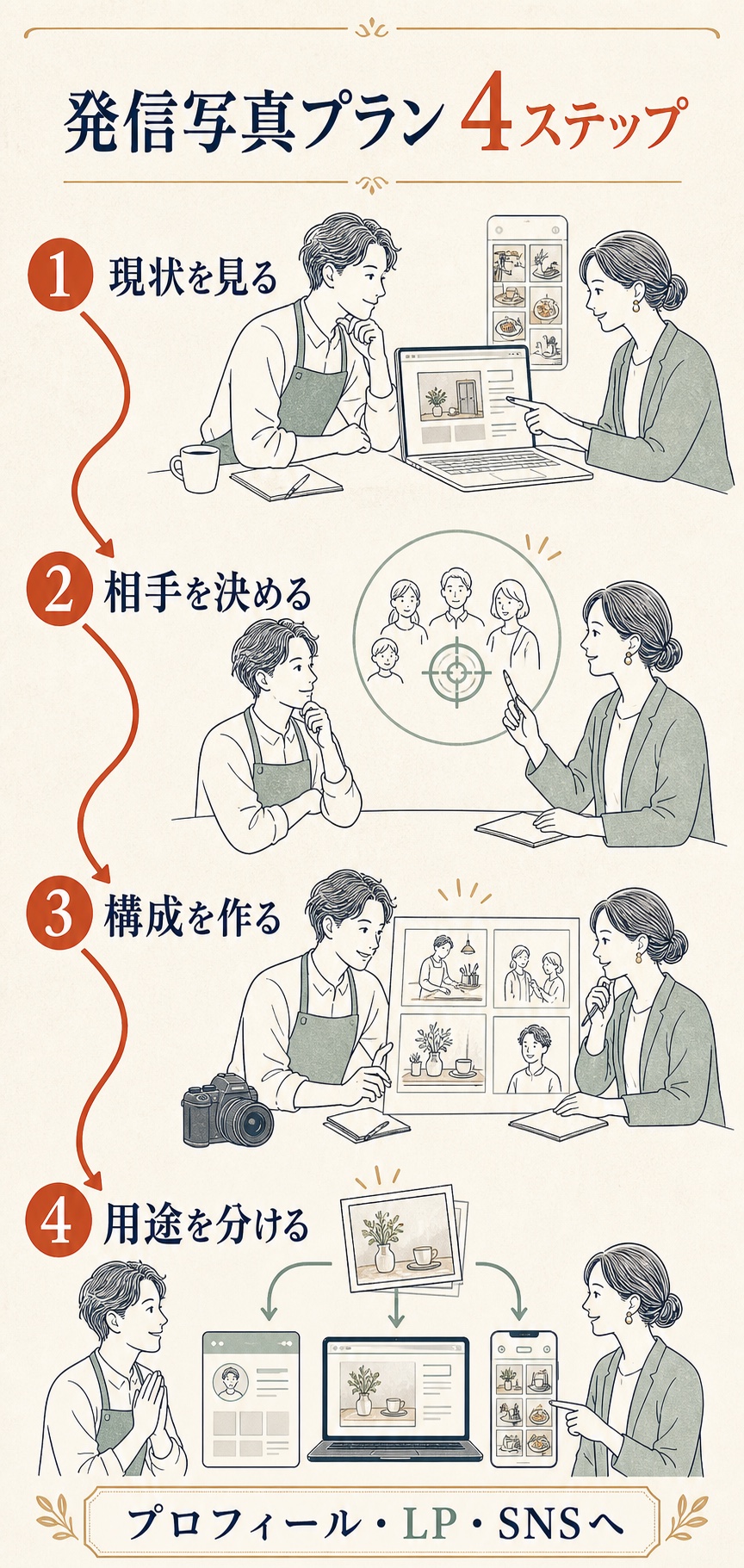 発信の現状確認、相手の決定、撮影構成づくり、プロフィール・LP・SNSへの用途分けという架空サービスの4ステップ
