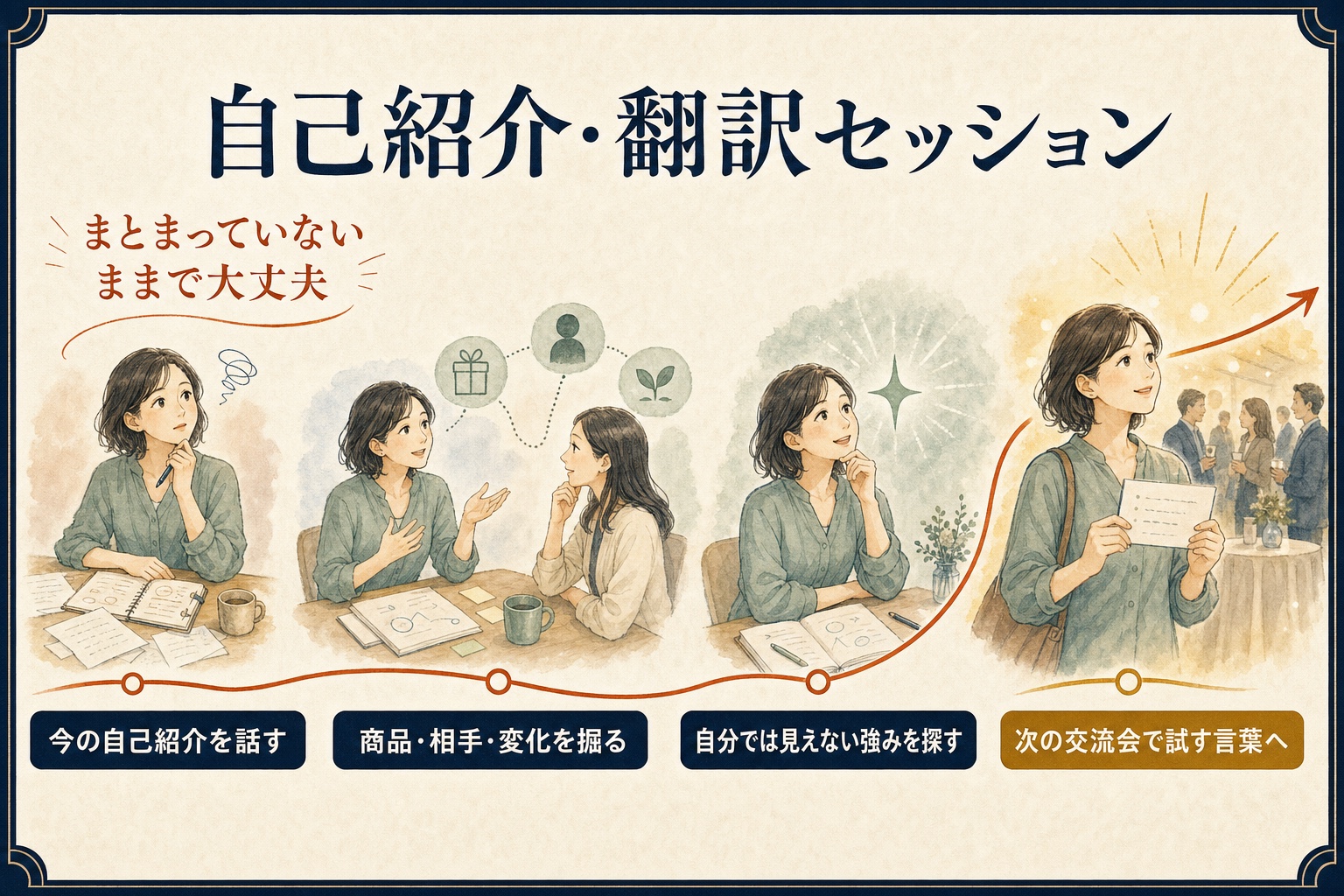 今の自己紹介を話し、商品・相手・変化を掘り、強みを探し、次の交流会で試す言葉へ整えるセッションの流れ