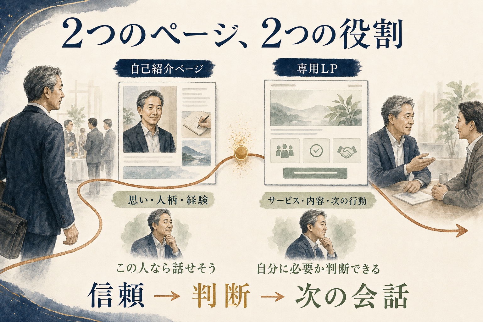 自己紹介ページで人柄を知り、専用LPでサービスが自分に必要か判断して、次の会話へ進む2ページの役割図