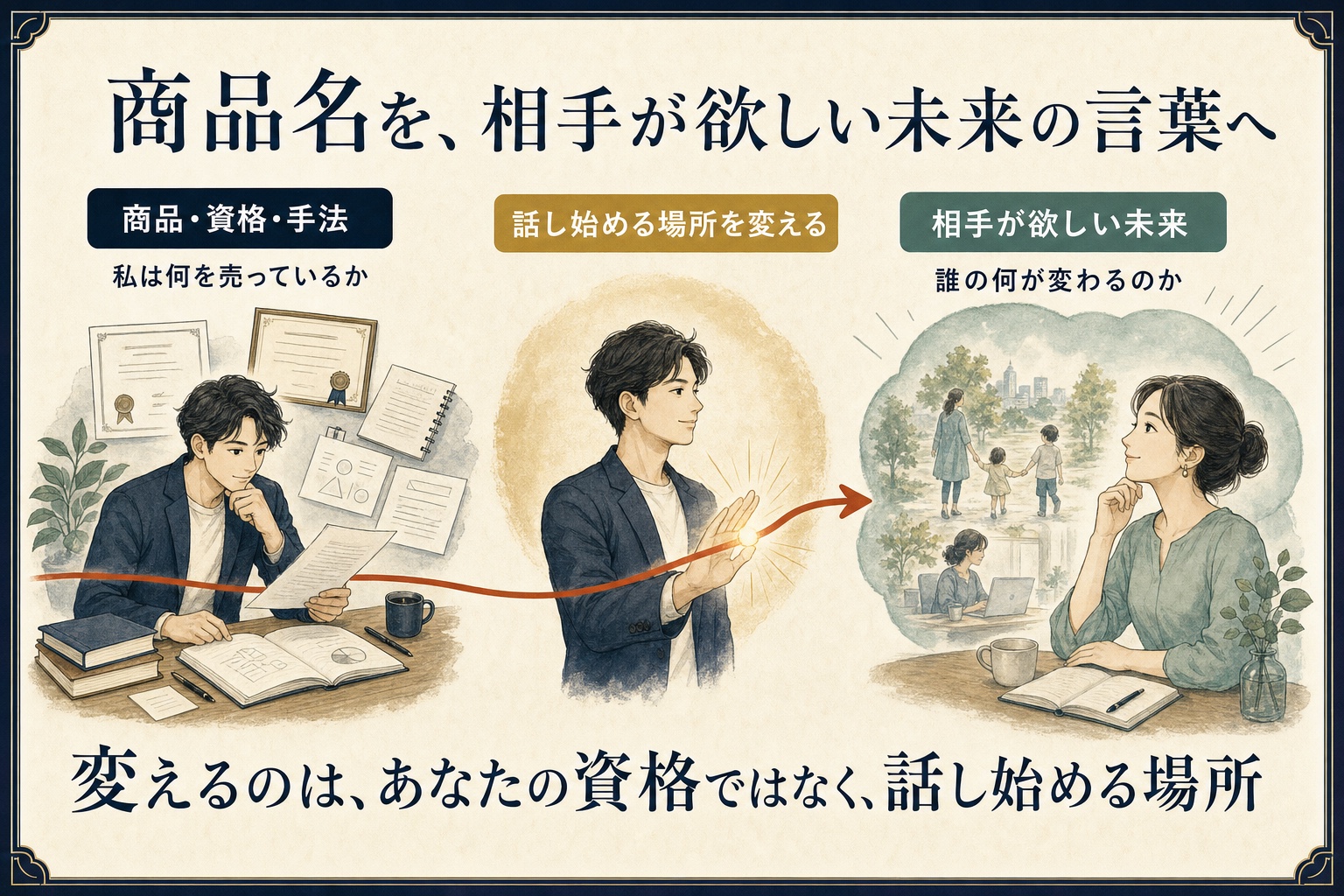 商品や資格の説明から、誰の何が変わるかという相手の未来へ話し始める場所を変える図