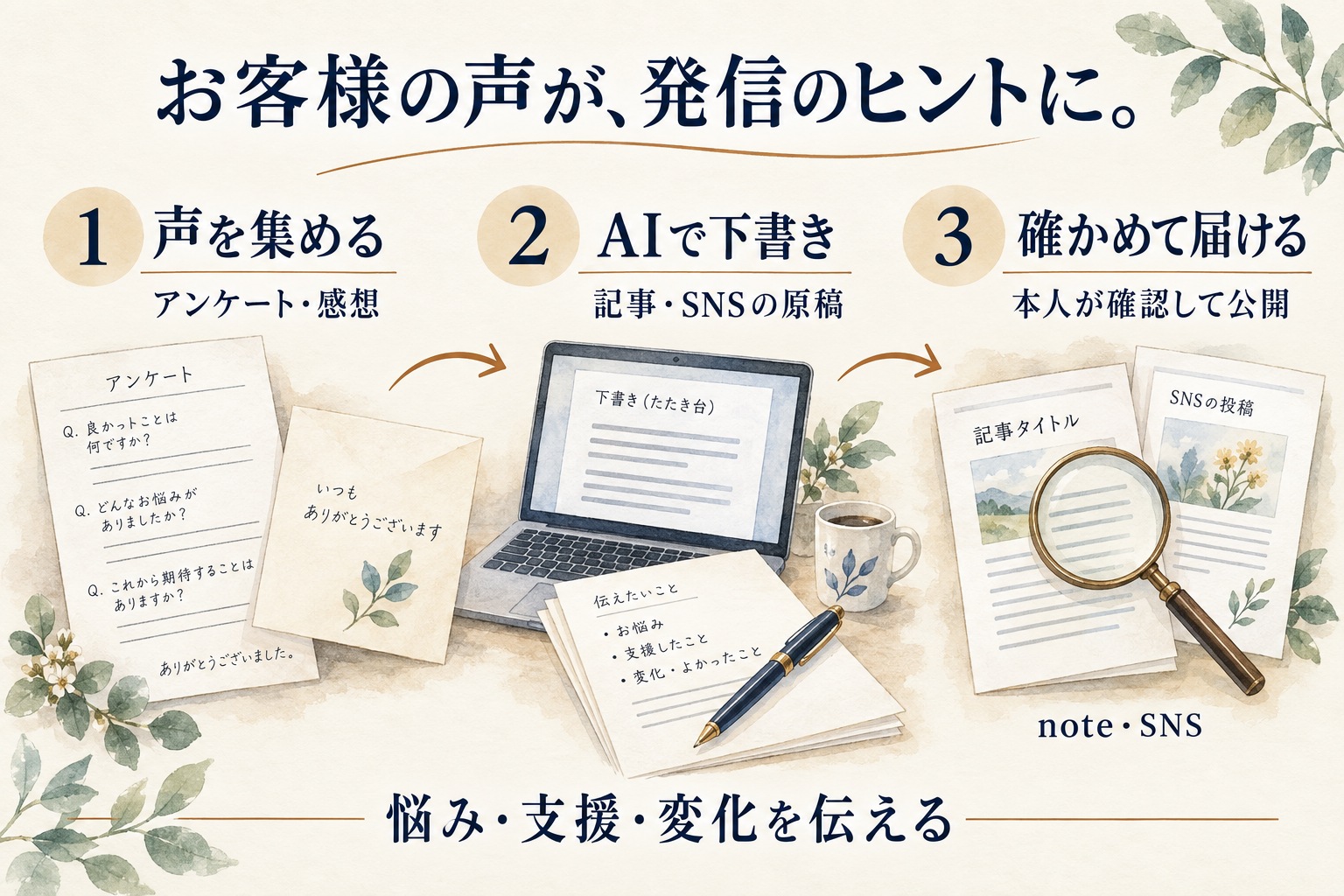 お客様の声を集め、AIで下書きし、本人が確かめて公開します。